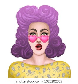 Vector painted shocked pin up girl with open mouth in surprise. Fashion model in pink heart shaped glasses with colorful dyed wavy hair of a purple and  violet hue.  Isolated on white background