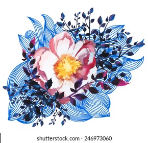 A Vector Painted Watercolor rose, anemones, Dog rose