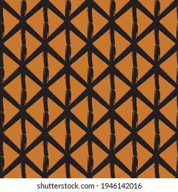 Vector painterly lattice braid weave seamless interlace pattern background.Macrame effect criss cross ochre black backdrop. Woven geometric earthy warm boho style grid repeat design for packaging