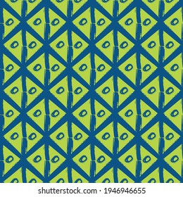 Vector painterly lattice braid weave and scribble circles. Seamless interlace pattern background.Macrame effect isocmetric blue green backdrop. Woven geometric boho style grid repeat design for summer