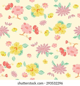 Vector Painterly Pink Yellow Kimono Flowers Seamless Pattern