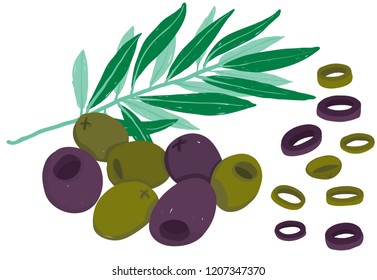 Vector painterly set with black and green olives with olive branch and slice bits; isolated on a white background. Use it for recipes, restaurant menus and as food elements.