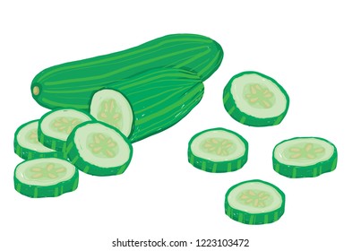 Vector painterly set of cucumbers, raw and sliced. Editable, scalable illustration isolated on a white background. Use it for recipes, restaurant menus and as food elements.