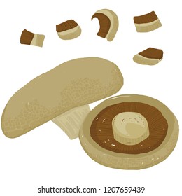 Vector painterly set with Portobello mushroom, whole and chopped; editable, scalable illustration, isolated on a white background. Use it for recipes, restaurant menus and as food elements.