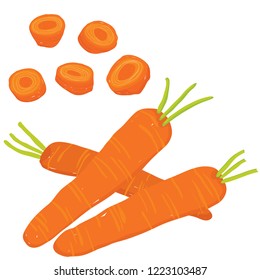 Vector painterly set of whole carrots, raw and sliced. Editable, scalable illustration isolated on a white background. Use it for recipes, restaurant menus and as food elements