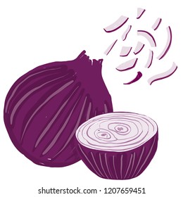 Vector painterly set with whole onion, halved and chopped; editable, scalable illustration, isolated on a white background. Use it for recipes, restaurant menus and as food elements.