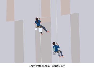 Vector of painters and harnesses hanging high on concrete wall