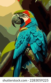 Vector painting with a beautiful graceful red macaw perching on the tree