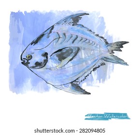 A vector painting of a blue fish against blue background, initially made in watercolor, gouache and Chinese ink