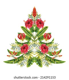 Vector Painting Christmas Tree In Hawaii Mirror Style Hand Drawn Of Tropical Hibiscus Flowers And Palm Banana Leaves. Exotic Symbol Of The New Year, Merry Xmas On A White Background