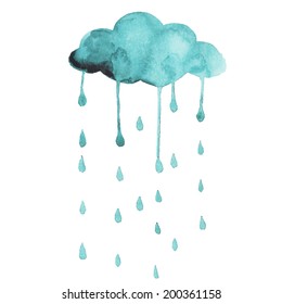 Vector painting hands cloud and rain. Turquoise watercolor art. Design element. Creative weather. Fine raindrops in sky.