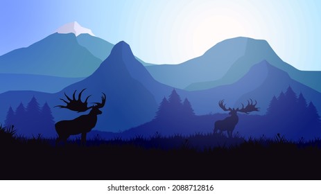 Vector painting Irish elk on the background of a mountain landscape and forest, giant dear or Irish deer