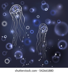 Vector painting jellyfish. Illustration of medusa in the depths of the sea  and air bubbles.  Element tattoo design, cartoon, doodle.