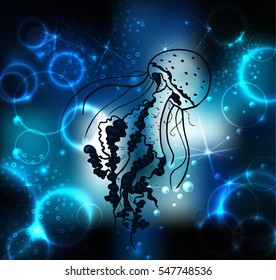 Vector painting jellyfish. Illustration of medusa in the depths of the sea  and air bubbles.  Element tattoo design, cartoon, doodle.