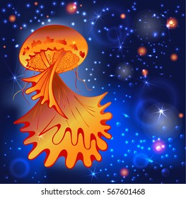 Vector painting jellyfish. Illustration of medusa in the depths of the sea  and air bubbles, stars, particles.  Element tattoo design, cartoon, doodle. Orange and blue colors.
