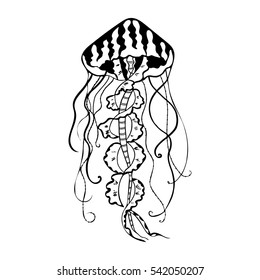 Vector painting jellyfish. Medusa Illustration isolated on white background, element tattoo design, cartoon, doodle.
