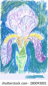 A vector painting of a lilac Iris flower against blue and green background, initially made in oil pastel