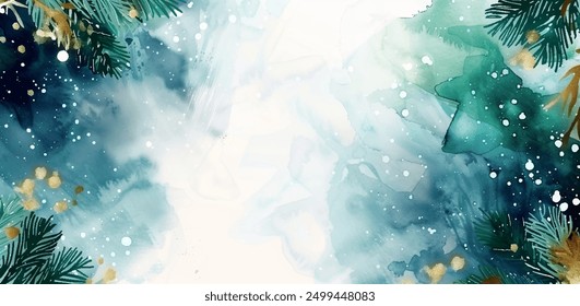 Vector painting of lovely Christmas tree background in golden and green watercolors, cheerful and peaceful winter setting in nature. Sense of happiness and calmness, festive spirit of the season. 