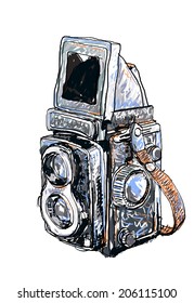 Vector painting of old twin lens reflex camera on white background