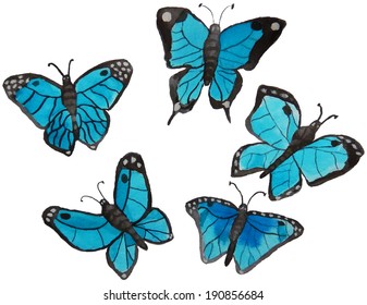 Vector painting set of blue turquoise watercolor butterflies 