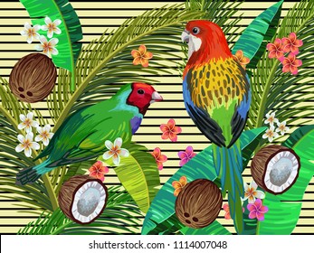 Vector painting with tropical birds, eastern rosella and gouldian amadina, surrounded by palm leaves, exotic plants on the lined background. Realistic birds and plants. Colorful summer illustration.