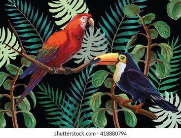 Vector painting with tropical birds and plants on black background. EPS8 file.