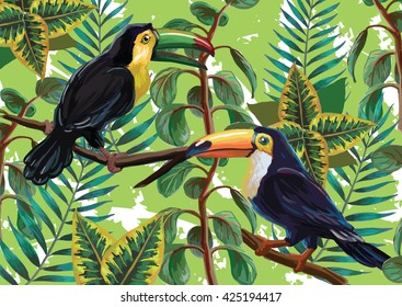 Vector painting with tropical birds and plants on green background. EPS8 file.