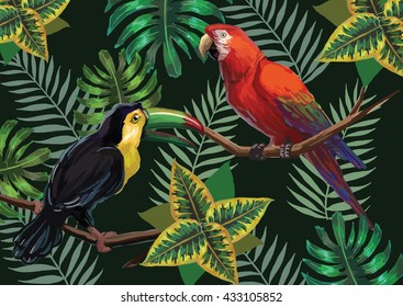 Pintura vectorial con pájaros tropicales y plantas sobre fondo oscuro. Archivo EPS8.