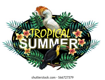 Vector painting with tropical birds and plants surrounded with exotic plants. EPS8 file.