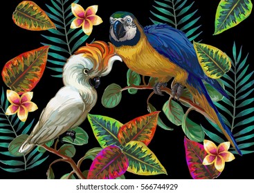 Pintura vectorial con aves tropicales y plantas en un fondo oscuro. archivo EPS8.