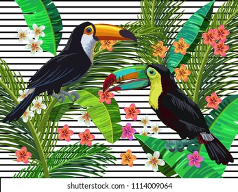 Vector painting with tropical birds, toco and rainbow toucans surrounded by palm leaves, exotic flowers on the lined background. Realistic birds and plants. Colorful summer illustration.