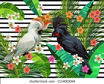 Vector painting with tropical parrots, black palm cockatoo, sulphur crested cockatoo surrounded by palm leaves, exotic flowers and coconuts. Realistic birds and plants. Colorful summer illustration.