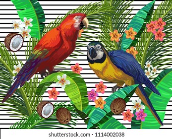 Vector painting with tropical parrots, blue and gold macaw and scarlet macaw surrounded by palm leaves, exotic flowers and coconuts. Realistic birds, nuts and plants. Colorful summer illustration.