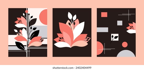 Vector paintings of geometric shapes and plants. Flowers, leaves. Mixed style. Bauhaus. Set of vector paintings. Backgrounds for poster, banner, print.