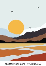 Pinturas vectoriales con vistas a montañas, ríos, cielo y sol en tonos pastel. 