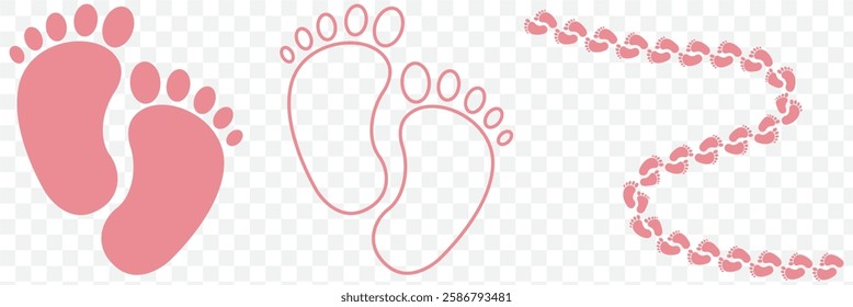 Vector of a pair of baby feet placed over a white background. Baby's feet in black silhouette form with fine line detail to show skin folds, giving texture and depth to the illustration. Vector Eps10