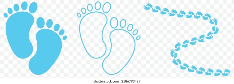 Vector of a pair of baby feet placed over a white background. Baby's feet in black silhouette form with fine line detail to show skin folds, giving texture and depth to the illustration. Vector Eps10