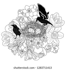 vector  of a pair of birds make their nest among the flowers guard the eggs