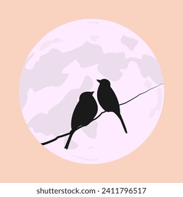 vector of a pair of birds on a branch, Birds in Love, moon background