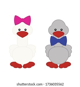 Vector pair of cartoon gooses in love. Vector image isolated on white background. 