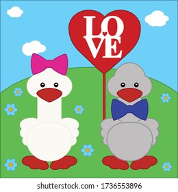 Vector pair of cartoon gooses in love on summer landscape bright meadow