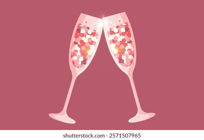 Vector pair of champagne glasses with pink shiny glitter. Toasting glasses of glitter glowing champagne icon. Two champagne glasses with bubbles. Decoration for Brunch invitation
