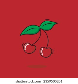 Vector Pair Of Cherries With Stem And Leaves Cartoon Style On Red Background Vector Illustration