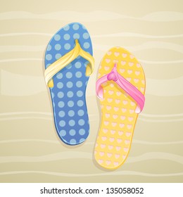 Vector pair of flip flops on sand background