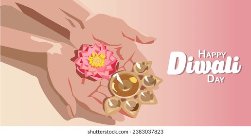 vector of a pair of hands holding a beautiful pink lotus flower in bloom and a gold metal oil lamp diya celebrating happy diwali festival