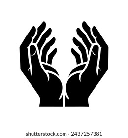 Vector pair of human hands with open palms, request or donation. Black on a white background.