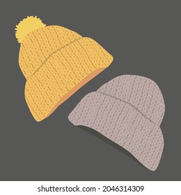 Vector pair of knitted woolen hats in yellow and beige color on gray background