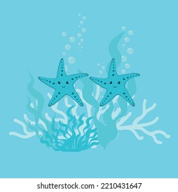 vector with a pair of marine jellyfish. two cute blue jellyfish against the background of coral reefs and algae