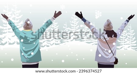 vector a pair of men and women dressed in thick warm jackets beanies hats and gloves with bags raising their hands romantic expression happy in winter snow