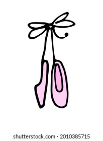 Vector pair of pink women's ballet shoes on a ribbon with a bow with a white line on a black background. Isolated children's pointe shoes, tied with a bow, hand-drawn in the style of doodles 